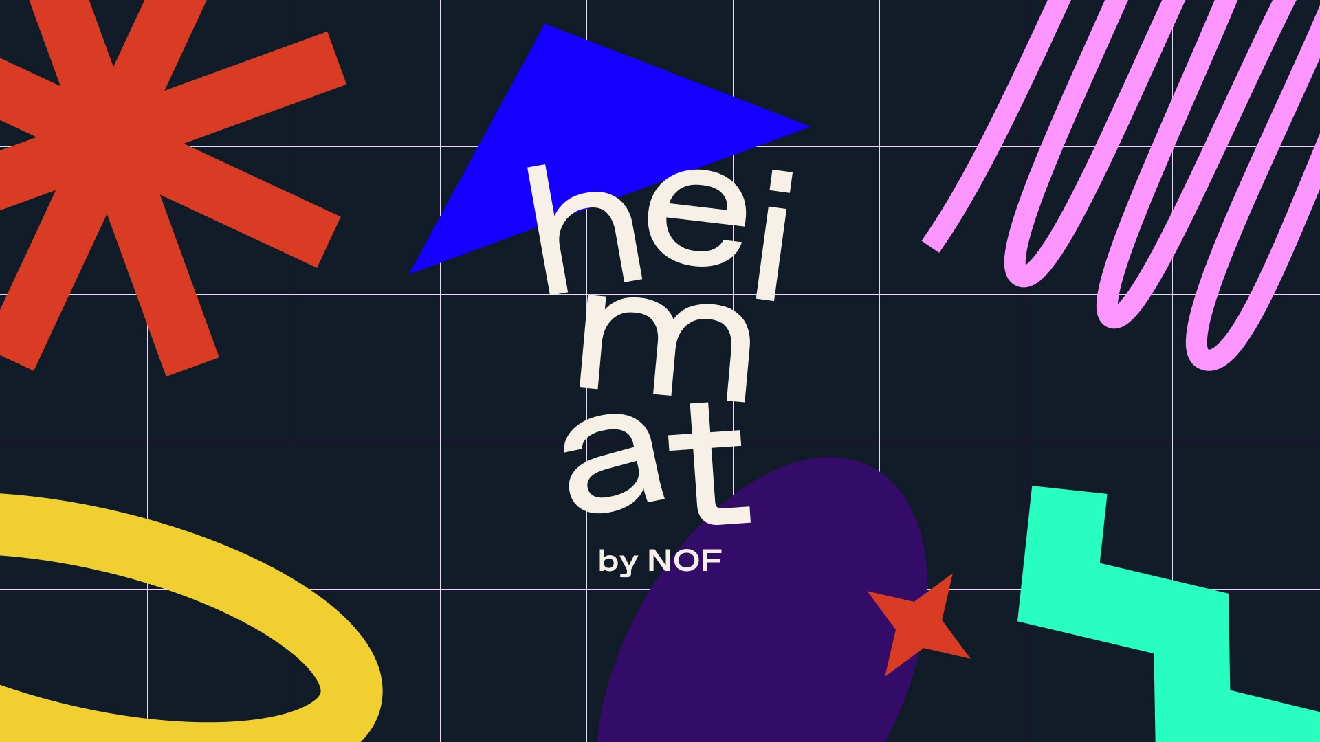 Logo de Heimat by NOF entouré de formes modernes et colorées, sur un fond foncé quadrillé.